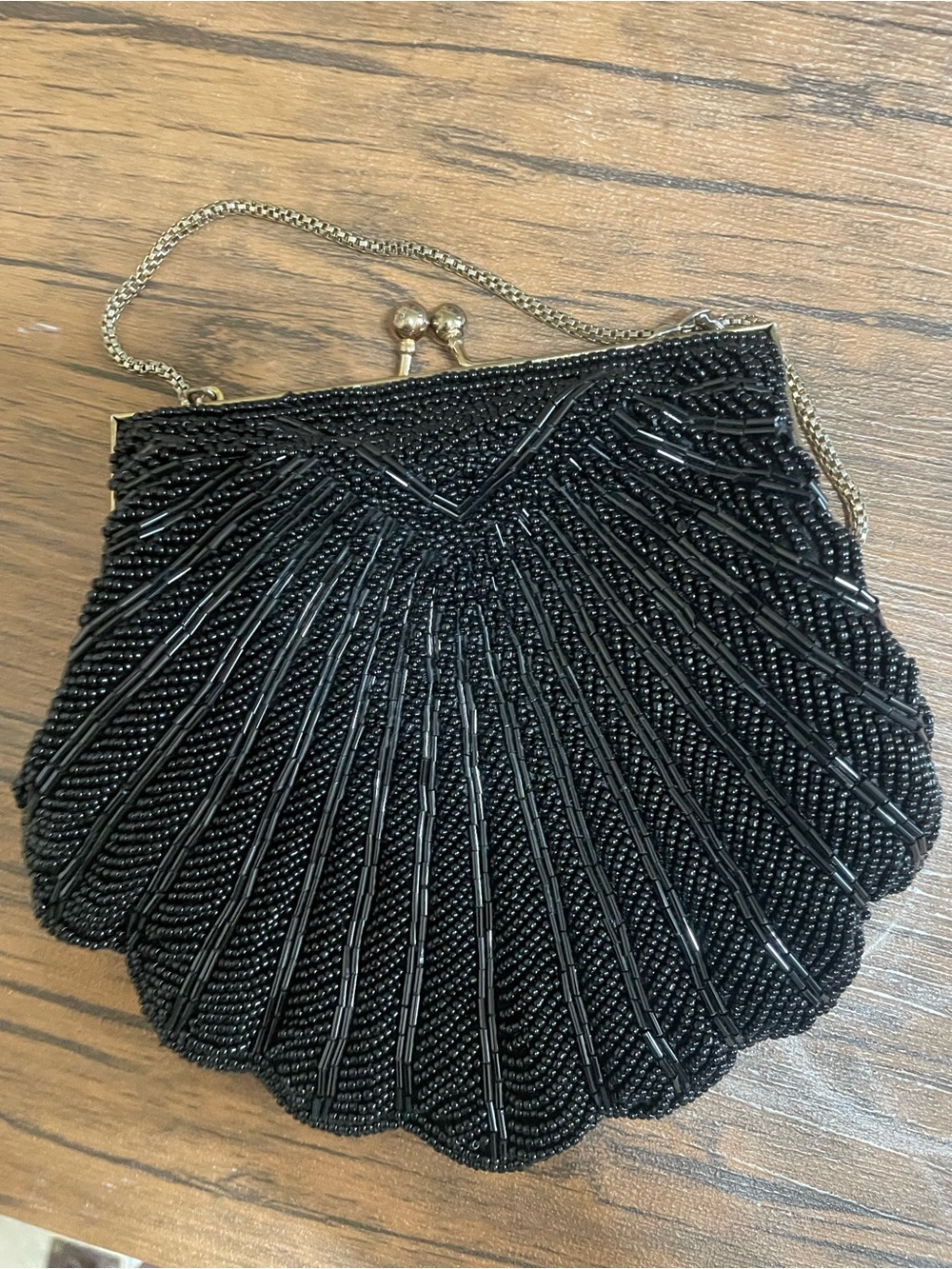 Vintage 1950s Black Beaded Shell Evening Bag with Chain Strap
